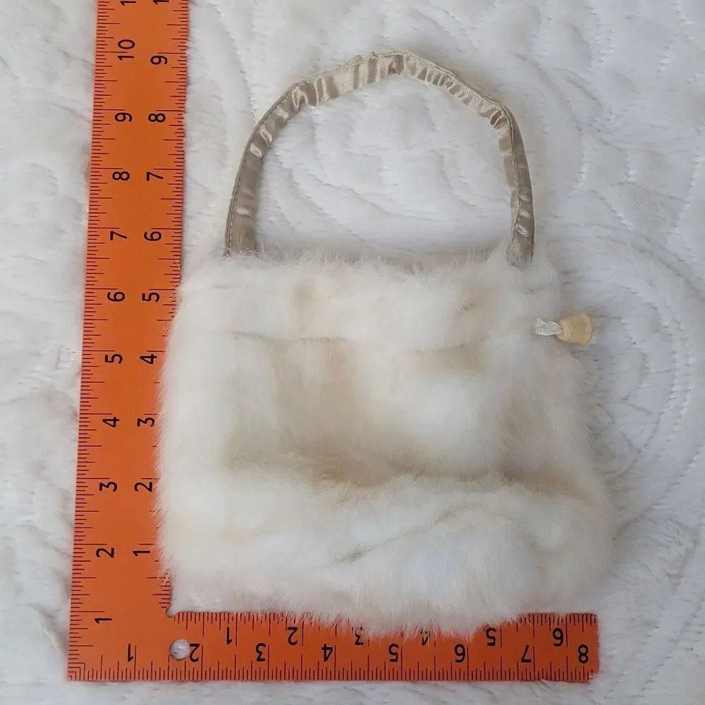 White Faux Fur Purse Drawstring Top Small Bag Satin Lined Rigid Handle Holiday